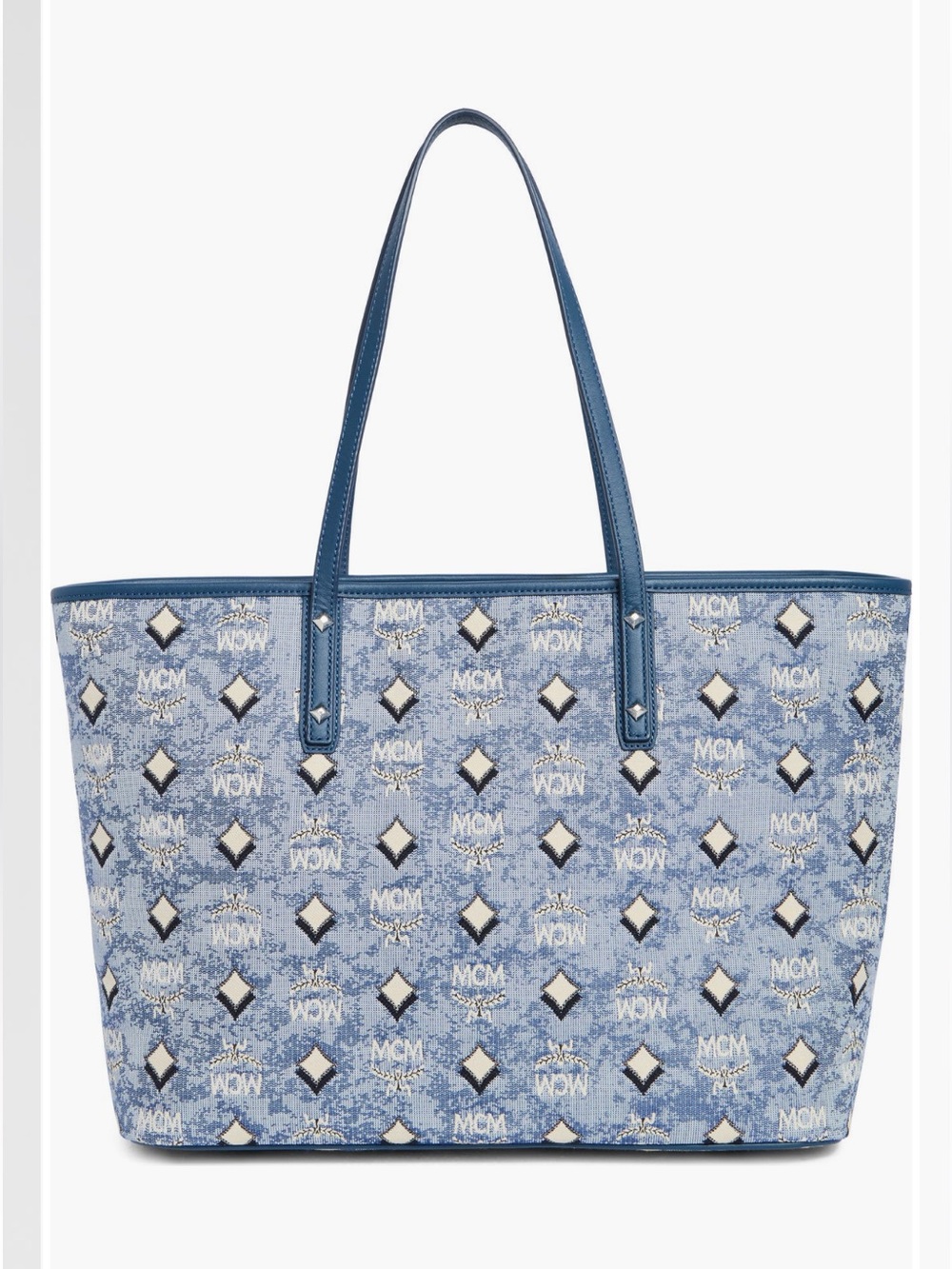 MCM Aren Light Blue Logo Monogram Tote with Blue Trim NWT - Picture 2 of 6